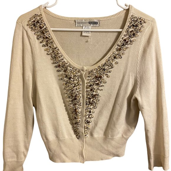 Necessary Objects Beaded Crop Buttoned Sweater Cream Color Women's Size Med - Picture 5 of 8